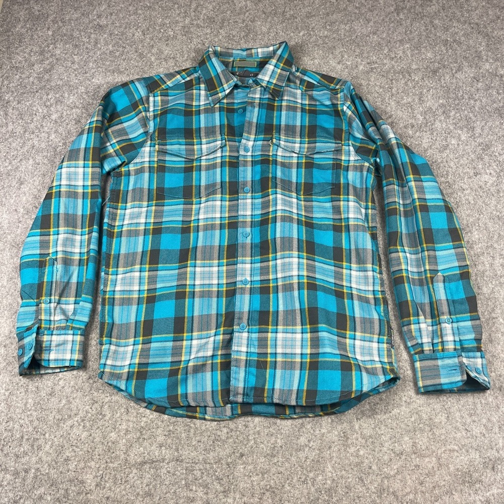 ExOfficio Mens Stonefly Midweight Flannel‎ Shirt Teal Plaid Fishing Outdoor Med.